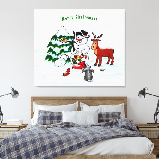 Frohe Weihnachten! Snowman mit Freunden Leinwanddruck (Insitu (Schlafzimmer))