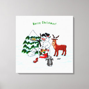 Frohe Weihnachten! Snowman mit Freunden Leinwanddruck