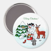 Frohe Weihnachten! Snowman mit Freunden Magnet (Vorderseite/Rückseite)