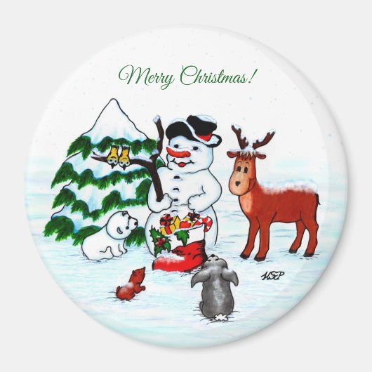 Frohe Weihnachten! Snowman mit Freunden Magnet (Vorne)