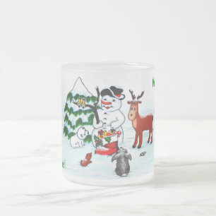 Frohe Weihnachten! Snowman mit Freunden Mattglastasse