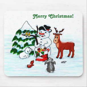 Frohe Weihnachten! Snowman mit Freunden Mousepad
