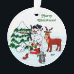 Frohe Weihnachten! Snowman mit Freunden Ornament<br><div class="desc">Frohe Weihnachten! Snowman with Friends - Baby Polar Bear,  Birds,  Elch,  Kaninchen,  ~~~ Farbstift zeichnend von Krisi ArtKSZP ~~ Store Category >>>>> Frohe Weihnachten für Kinder >>> Schneemann mit Freunden</div>