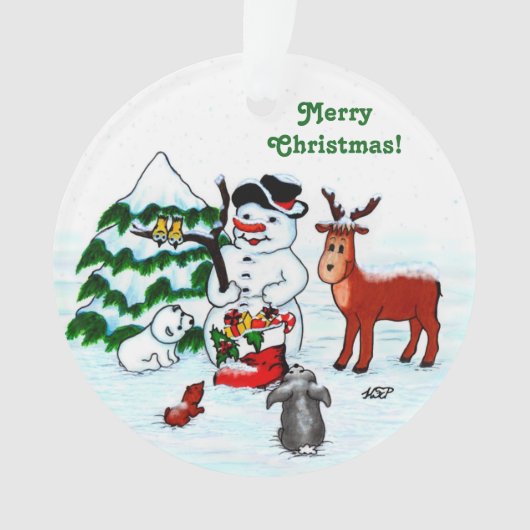 Frohe Weihnachten! Snowman mit Freunden Ornament (Vorderseite)