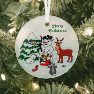 Frohe Weihnachten! Snowman mit Freunden Ornament Aus Glas