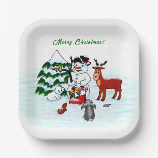 Frohe Weihnachten! Snowman mit Freunden Pappteller (Vorderseite)