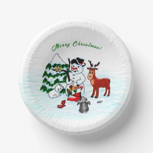 Frohe Weihnachten! Snowman mit Freunden Pappteller (Vorderseite)