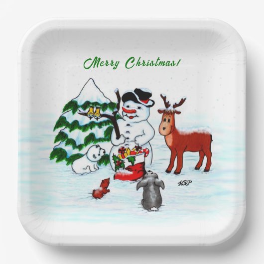 Frohe Weihnachten! Snowman mit Freunden Pappteller (Vorderseite)