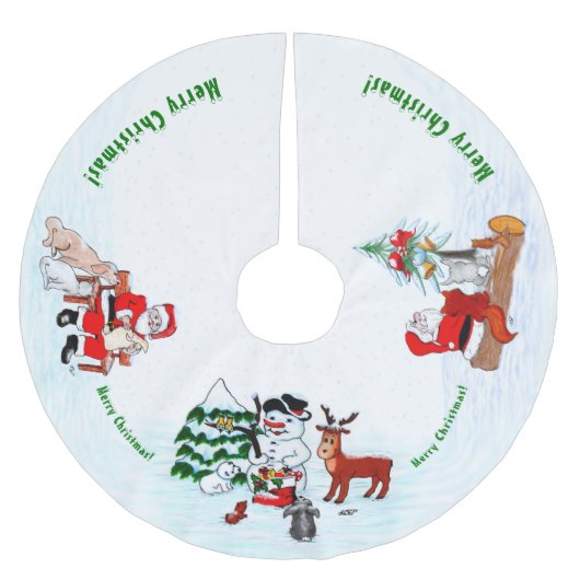 Frohe Weihnachten! Snowman mit Freunden Polyester Weihnachtsbaumdecke (Vorderseite)