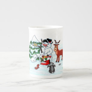 Frohe Weihnachten! Snowman mit Freunden Porzellantasse