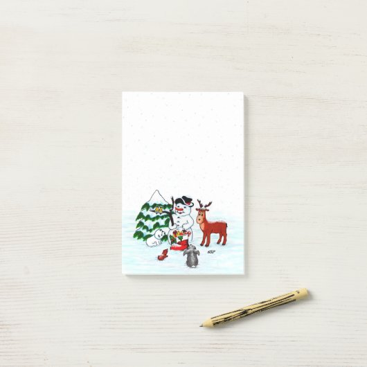 Frohe Weihnachten! Snowman mit Freunden Post-it Klebezettel (Auf Schreibtisch)