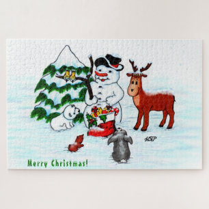 Frohe Weihnachten! Snowman mit Freunden Puzzle
