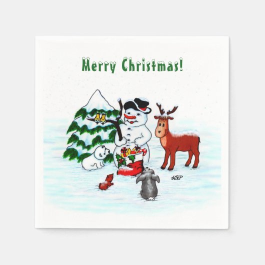 Frohe Weihnachten! Snowman mit Freunden Serviette (Vorderseite)
