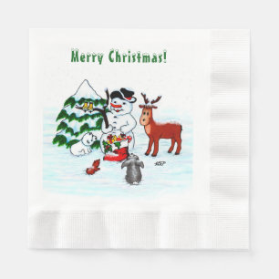 Frohe Weihnachten! Snowman mit Freunden Serviette
