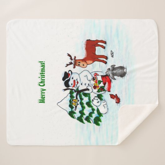 Frohe Weihnachten! Snowman mit Freunden Sherpadecke (Vorderseite (Horizontal))