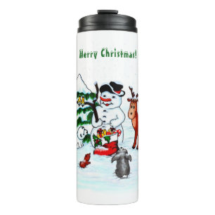 Frohe Weihnachten! Snowman mit Freunden Thermosbecher