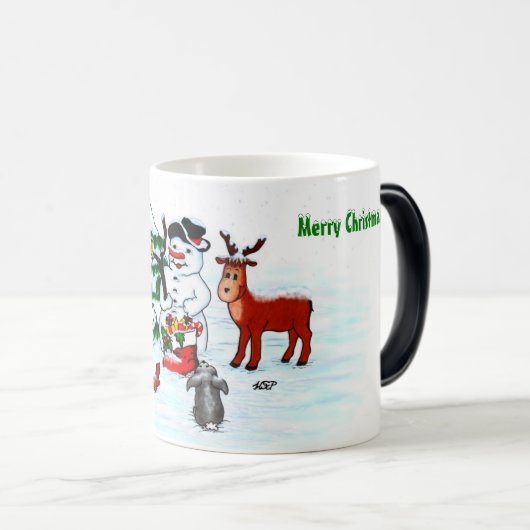Frohe Weihnachten! Snowman mit Freunden Verwandlungstasse (VorderseiteRechts)