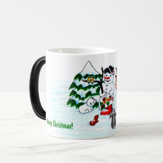 Frohe Weihnachten! Snowman mit Freunden Verwandlungstasse (Vorderseite Links)