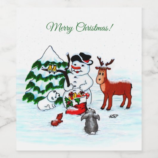 Frohe Weihnachten! Snowman mit Freunden Weinetikett (Einzelnes Label)
