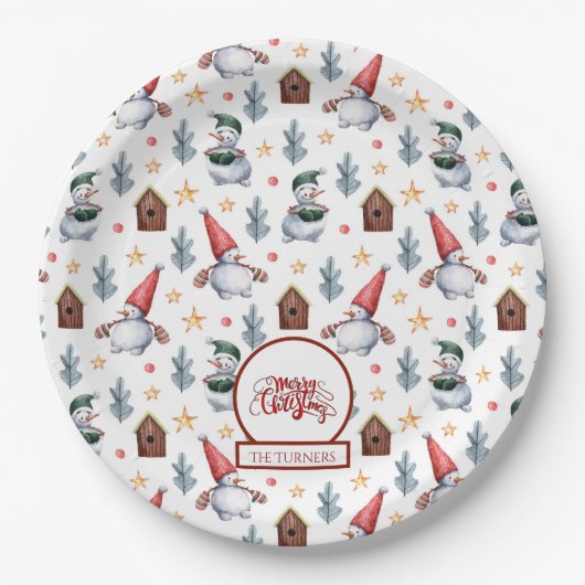 Frohe Weihnachten Snowman Snowflakes Monogram Pappteller (Vorderseite)