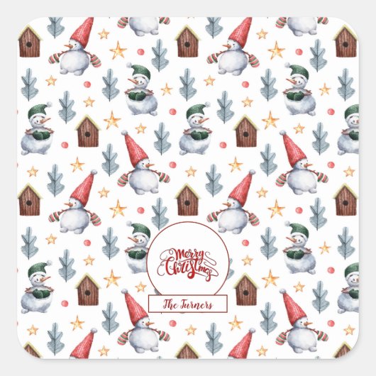 Frohe Weihnachten Snowman Snowflakes Monogram Quadratischer Aufkleber (Vorderseite)