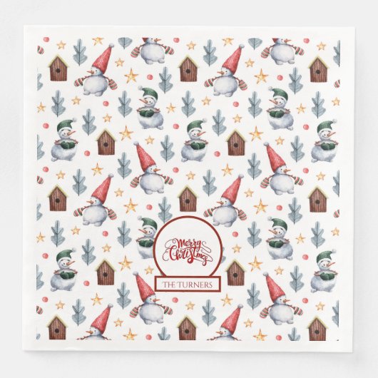 Frohe Weihnachten Snowman Snowflakes Monogram Serviette (Vorderseite)