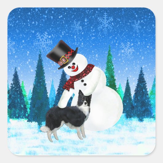 Frohe Weihnachten Snowman und Border Collie Quadratischer Aufkleber (Vorderseite)