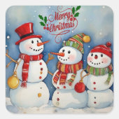Frohe Weihnachten, Snowmen Feiern Quadratischer Aufkleber (Vorderseite)