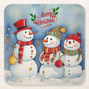 Frohe Weihnachten, Snowmen Feiern Rechteckiger Pappuntersetzer