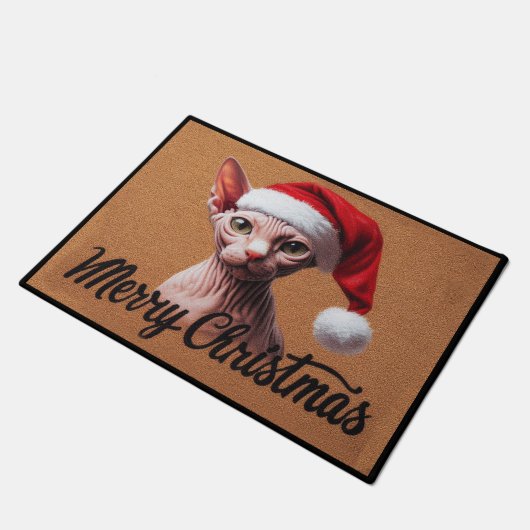 Frohe Weihnachten Sphynx Cat, Xmas Santa Sphynx Fußmatte (Schrägansicht)