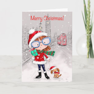 Frohe Weihnachten, Städtemädchen, die ihren Hund s Karte