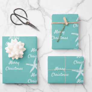 Frohe Weihnachten Starfish Muster Aquamarin White  Geschenkpapier Set