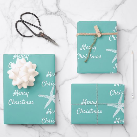 Frohe Weihnachten Starfish Muster Aquamarin White  Geschenkpapier Set (Vorderseite)