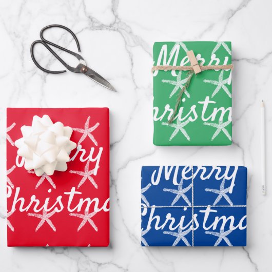 Frohe Weihnachten Starfish Nautical Custom Red Gre Geschenkpapier Set (Vorderseite)