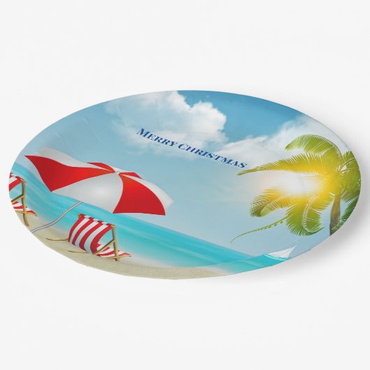 Frohe Weihnachten Strand Pappteller (Schrägansicht)