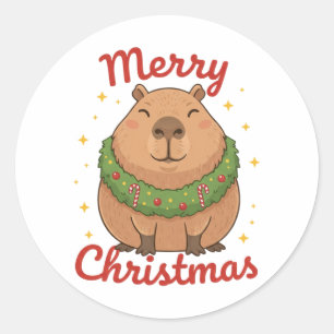 Frohe Weihnachten Süße Capybara-Weihnachtskrone Runder Aufkleber
