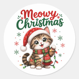 Frohe Weihnachten Süße Katze Feiertag Runder Aufkleber