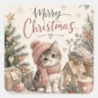 Frohe Weihnachten Süße Katze Quadratischer Aufkleber