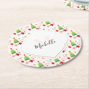 Frohe Weihnachten Süßer Santa Monogramm Runder Pappuntersetzer