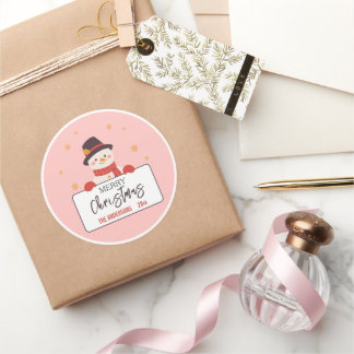 Frohe Weihnachten Süßer Schneemann rosa festlich m Runder Aufkleber