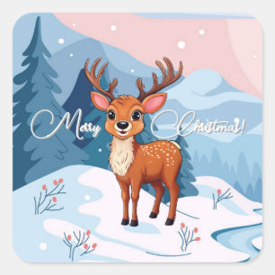 Frohe Weihnachten Süßes Cartoon-Rentier im Winter Quadratischer Aufkleber