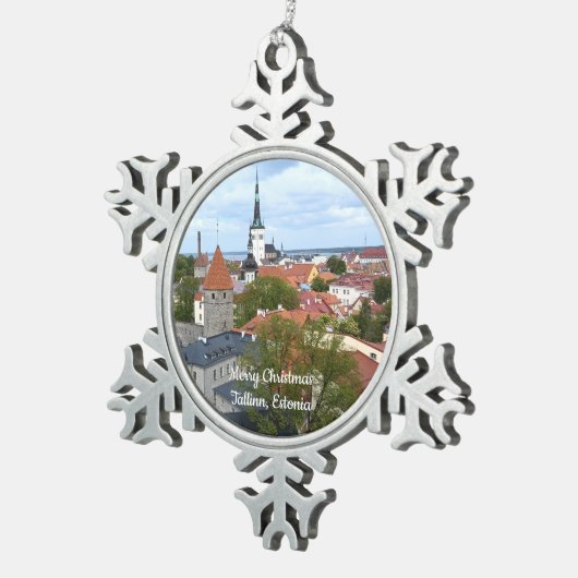 Frohe Weihnachten Tallinn, Estland Zierde Schneeflocken Zinn-Ornament (Rechts)