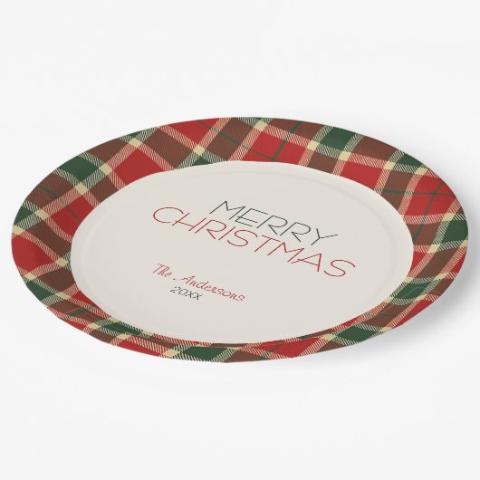 Frohe Weihnachten Tartan Kariert Custom Pappteller (Schrägansicht)