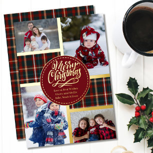 Frohe Weihnachten Tartan Karo 4 Foto Rot und Gold Folien Feiertagskarte