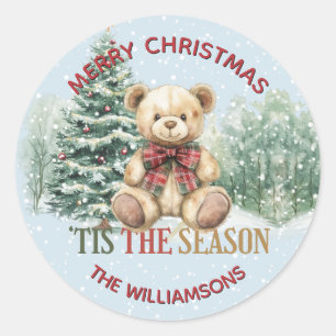 Frohe Weihnachten Teddybär Schneeszene Name Runder Aufkleber