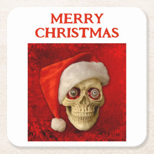 Frohe Weihnachten. Totenkopf mit Santa-Hut Rechteckiger Pappuntersetzer
