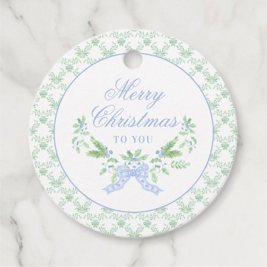 Frohe Weihnachten Trellis und Swag mit Blue Bow Geschenkanhänger (Vorderseite)