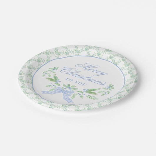 Frohe Weihnachten Trellis und Swag mit Blue Bow Pappteller (Schrägansicht)