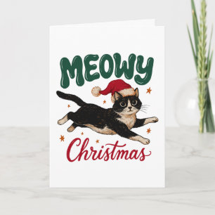 Frohe Weihnachten Tuxedo-Katze springt mit Hut Karte