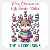 Frohe Weihnachten & Ugly Sweater wünscht Rentier Quadratischer Aufkleber (Vorderseite)
